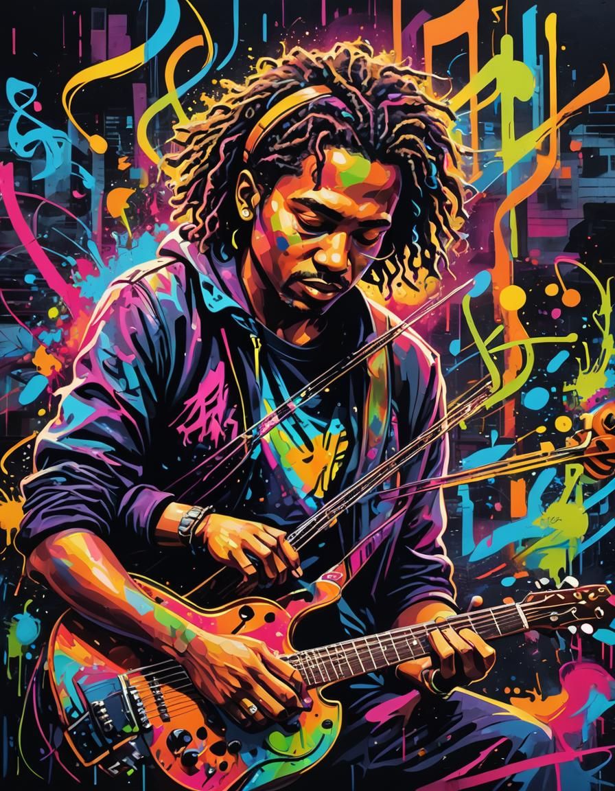Vibrant Street Art Portrait with Musical Elements