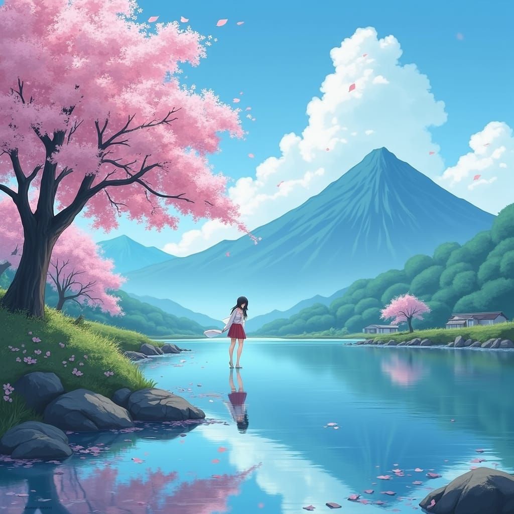 Anime Woman Walking Towards Horizon at Sunset