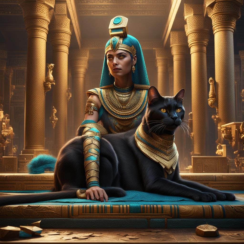 Cleopatra Kissing a Siamese Cat in Detailed Painting