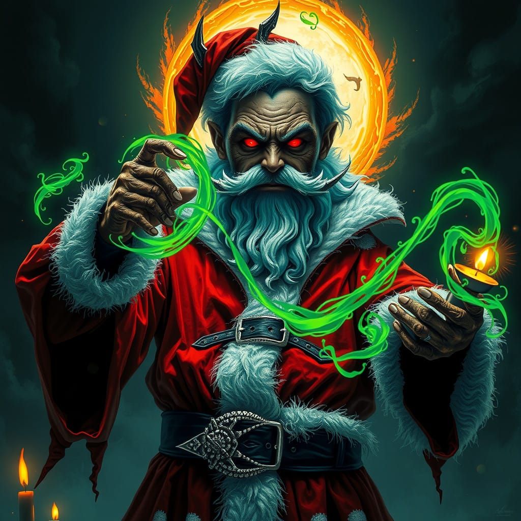 Dark Sorcerer Weaves Malevolent Spell in Crimson Santa Suit