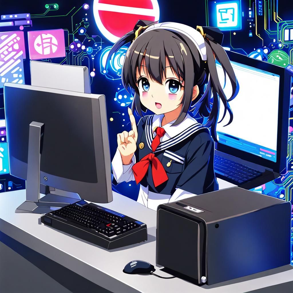 Anime Schoolgirl on Motherboard in Manga Style