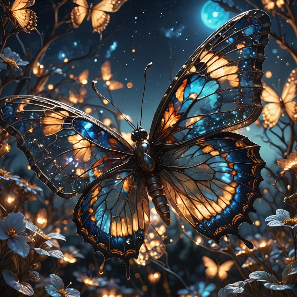 Glass Butterfly in Dazzling Night Sky