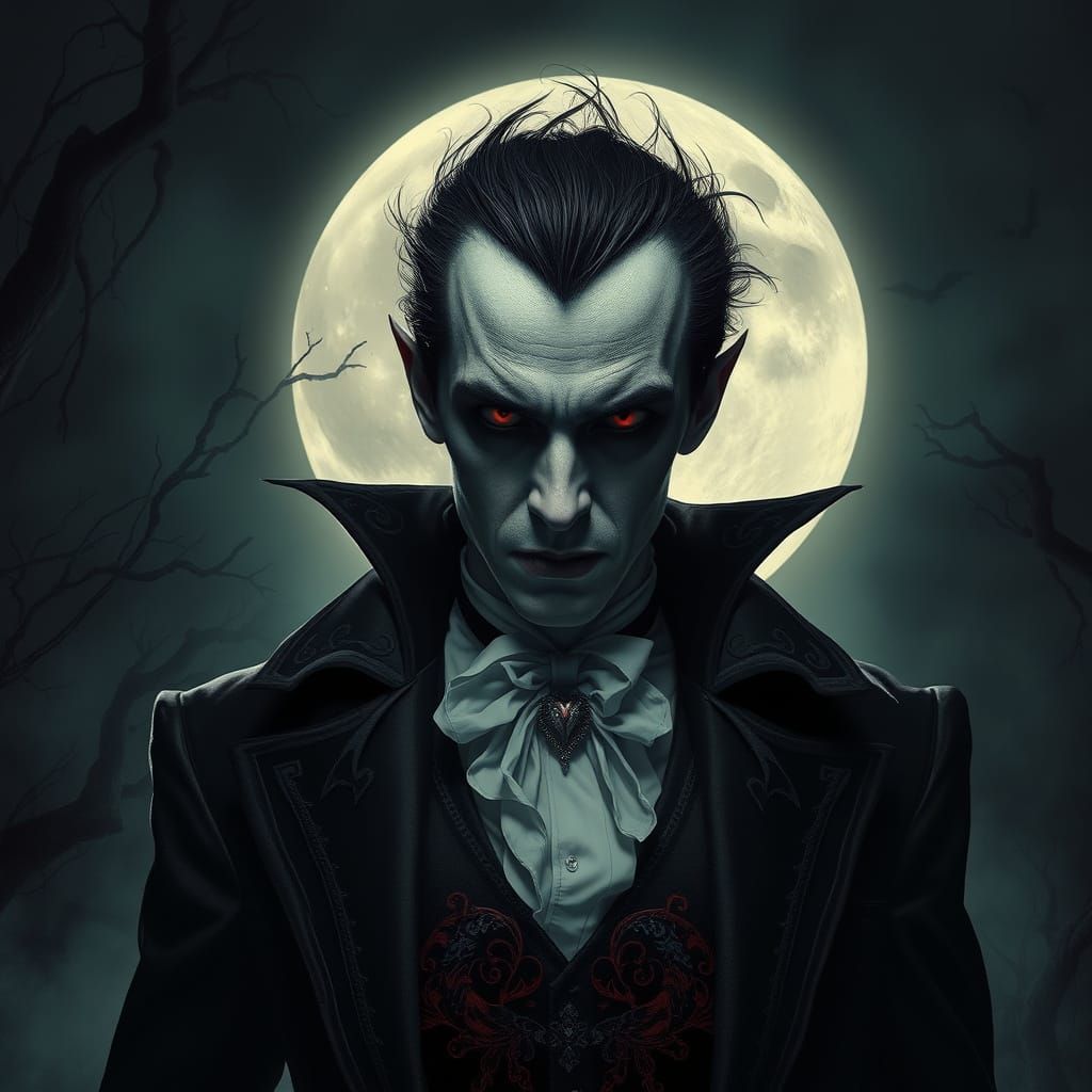 Elegant Vampire Amidst Haunting Moonlit Landscape
