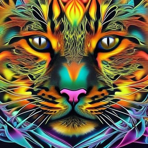 Fractal Flame: Blossoming Feline Floral Body Art