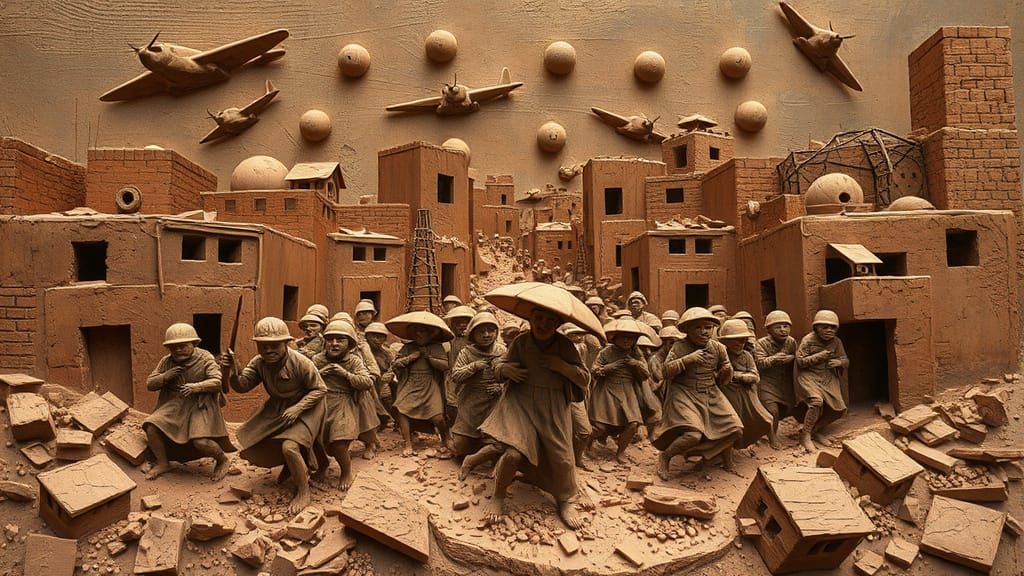 War Bombing Scene in Cubist Clay Style