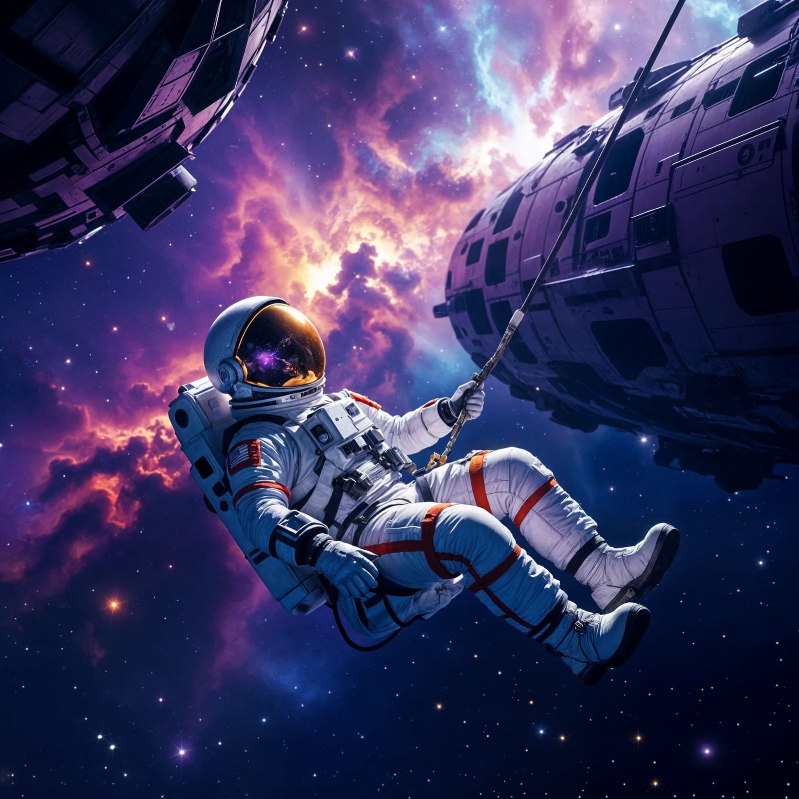 Astronaut Adrift Near Derelict Ship in Cosmic Nebula