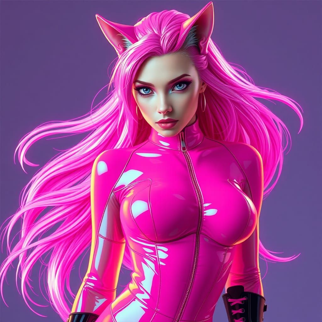 a beautiful cat female in a tight pink leather bodysuit and ...