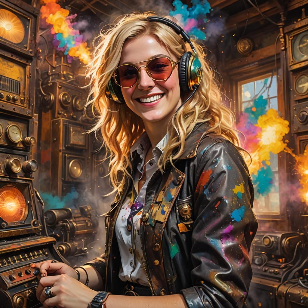 Steampunk Woman with Vintage Radio and Paint Explosion