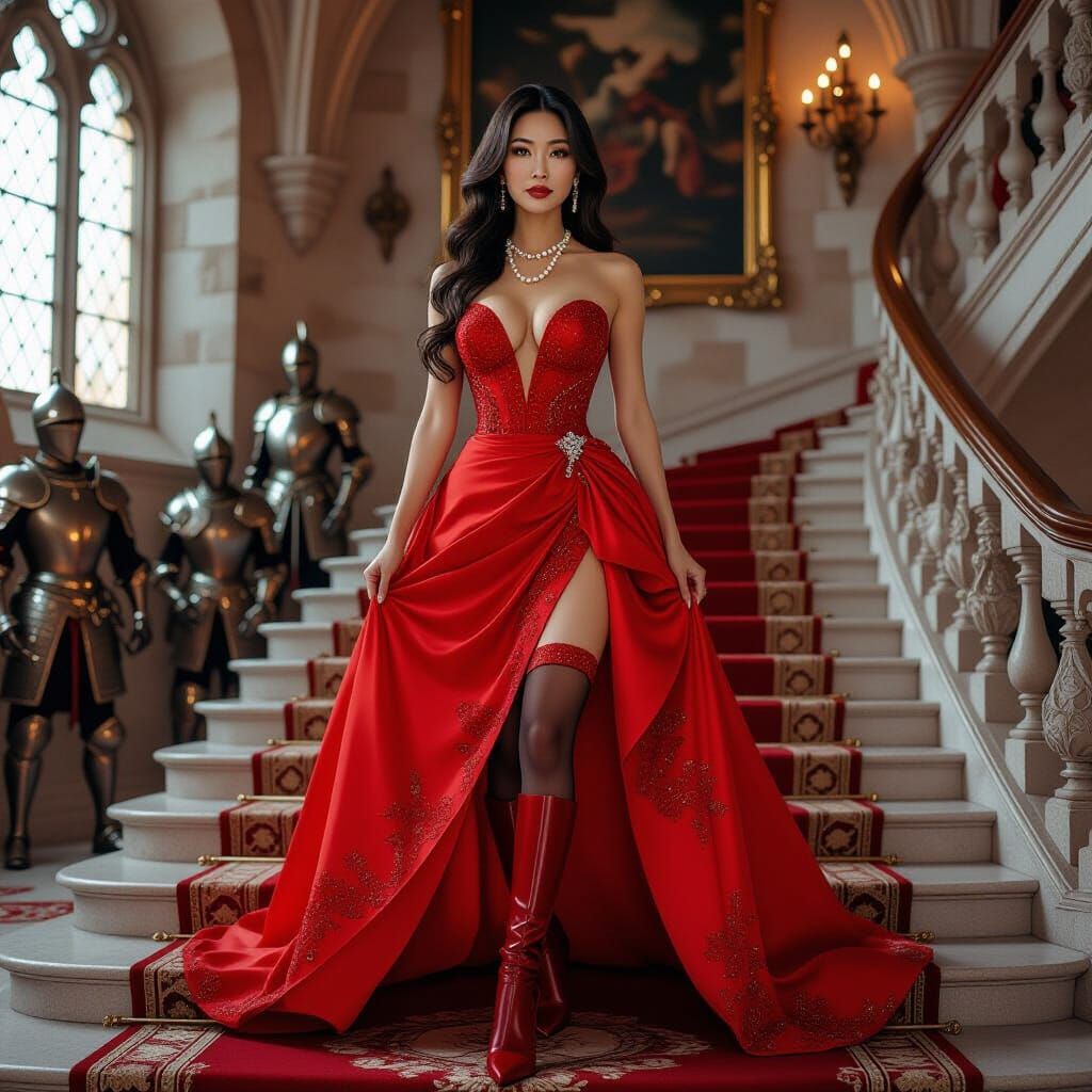 Woman in Red Gown in Medieval Castle