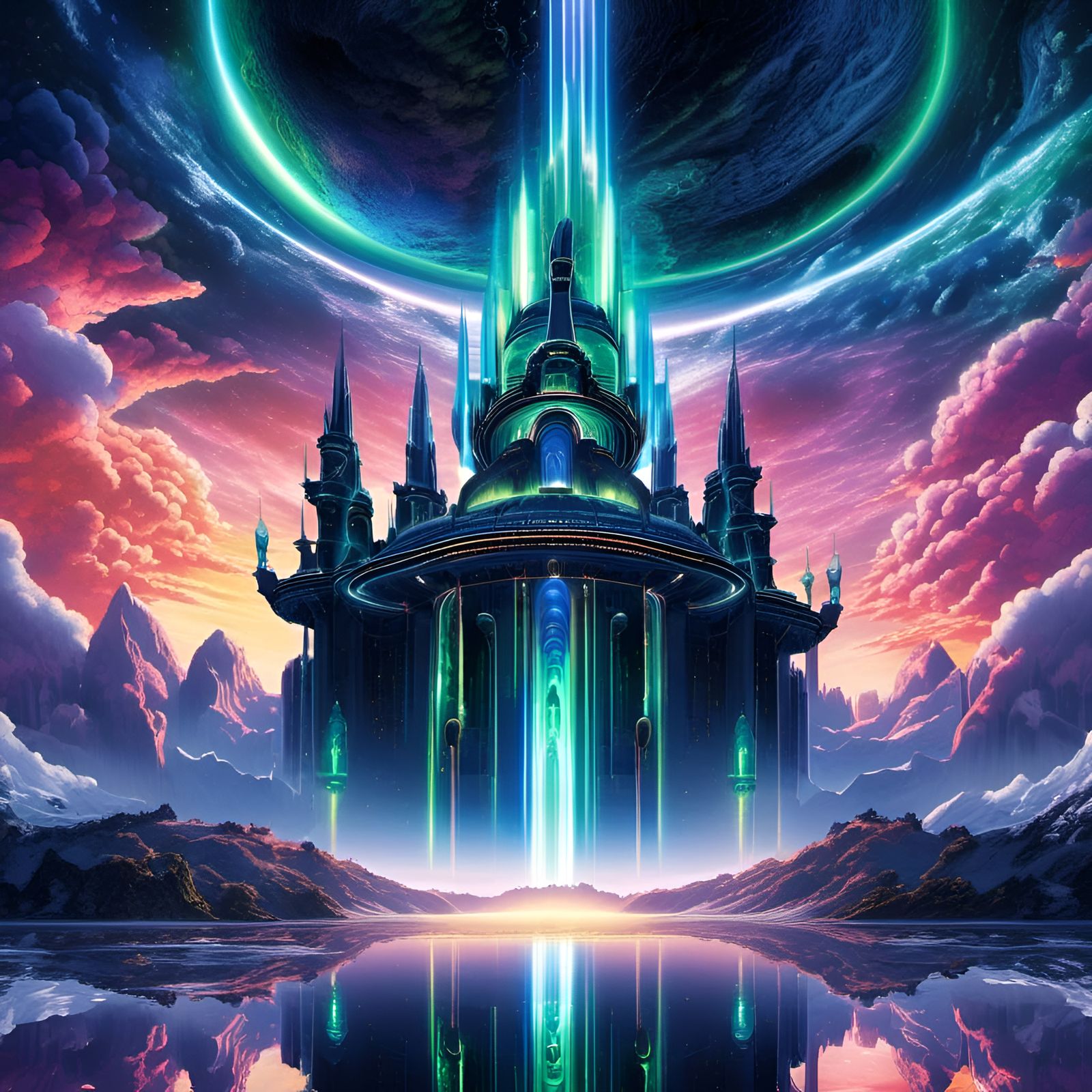 Sky Cloud Temple with Aurora Reflection