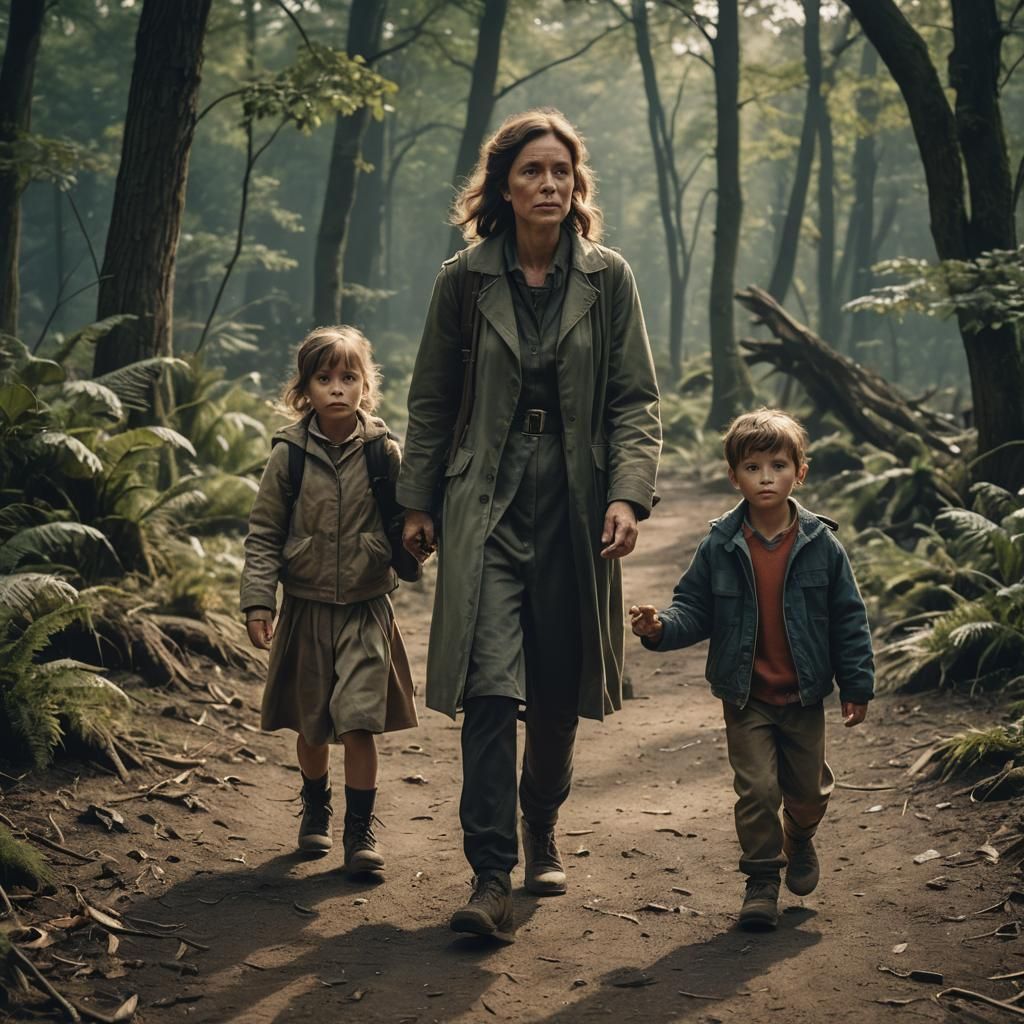 Mother and Two Children in Cinematic Film Still