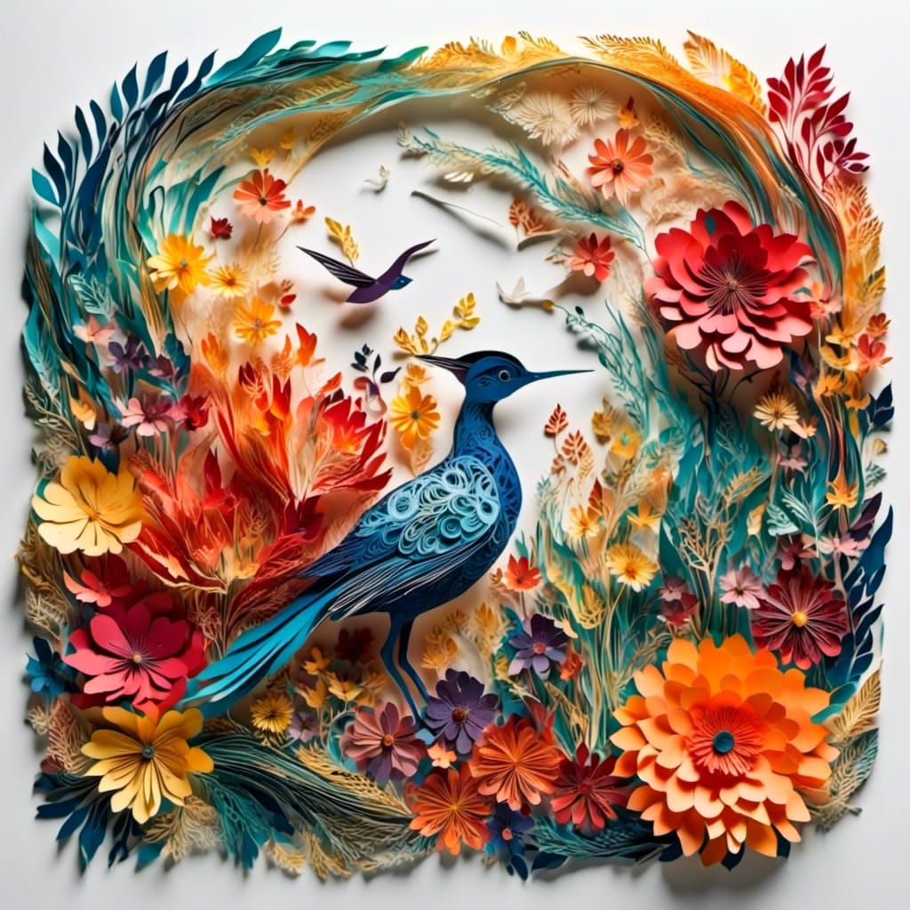 Vibrant Papercut Flowers and Birds Illustration