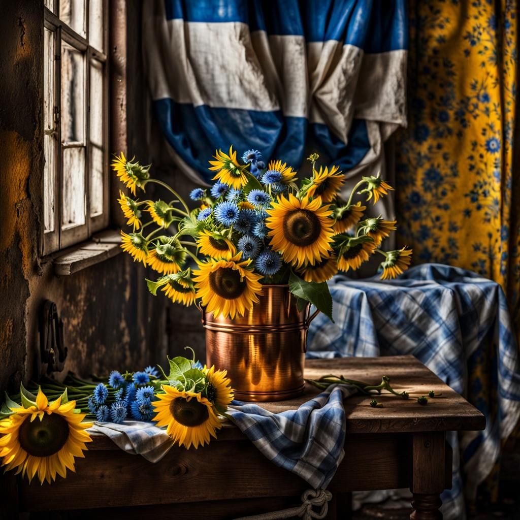 Sunflowers and Delft Blue Flowers Still Life