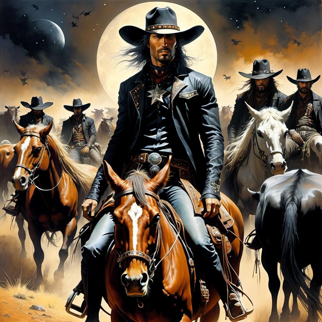 Cowboy Leading Herd in Surreal Dark Art Style
