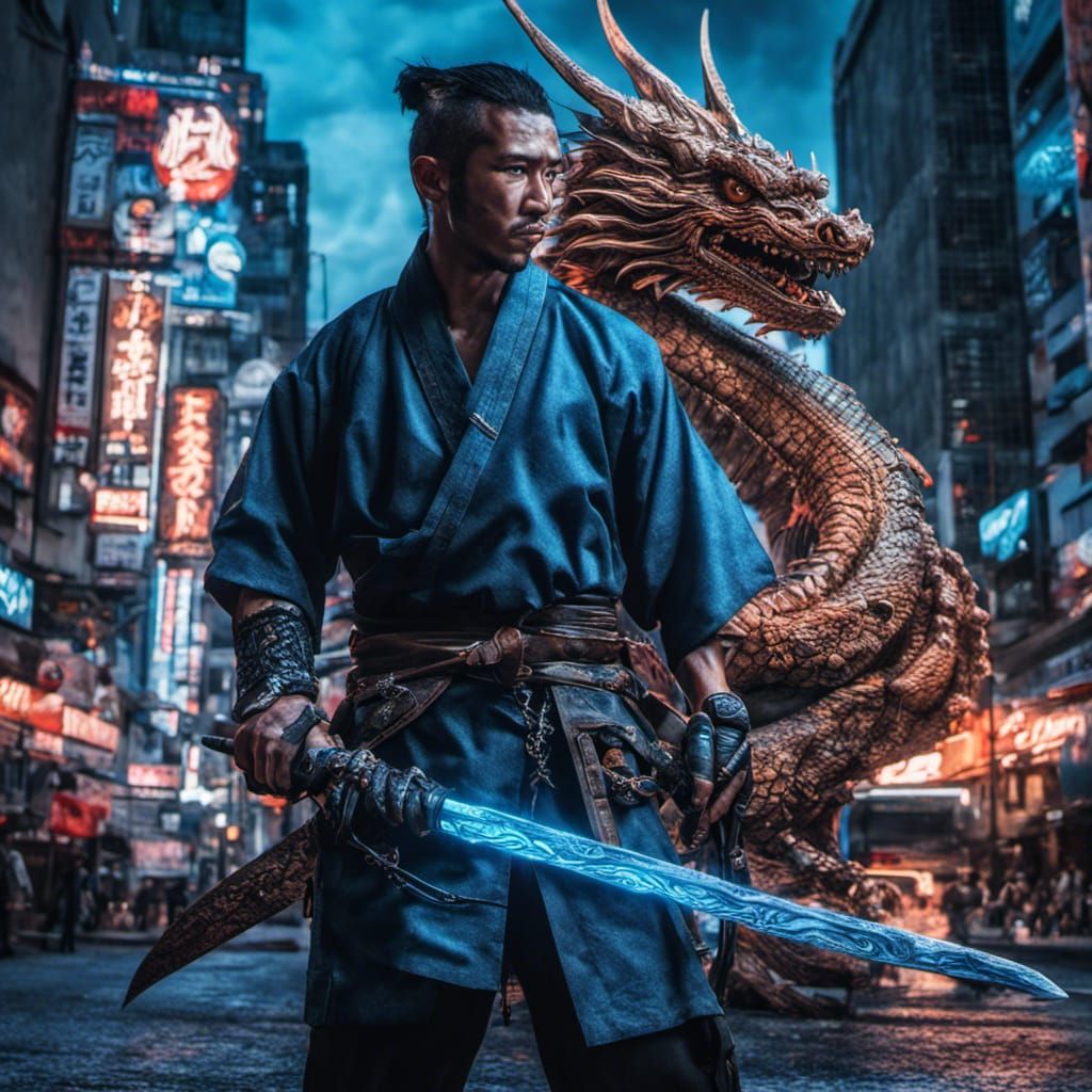 Street Samurai and Spirit Dragon in Neon City
