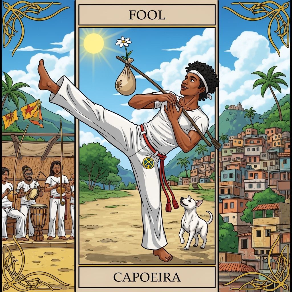 a tarot card representing the Fool using the Capoeira from Brazil. In text write: Fool Capoeira