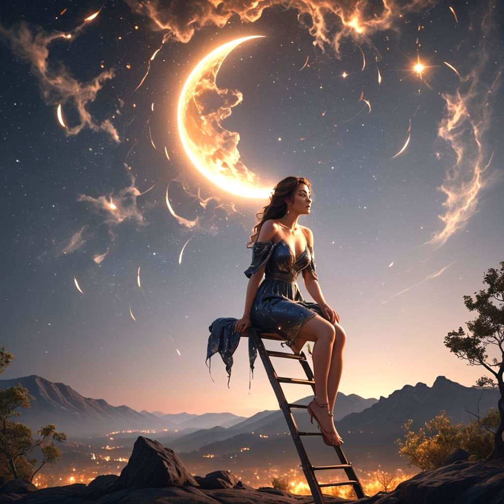 Woman on Moonlit Ladder in Fantasy Art Style