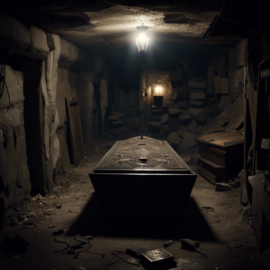 Dark Stone Hall with Ornate Coffin