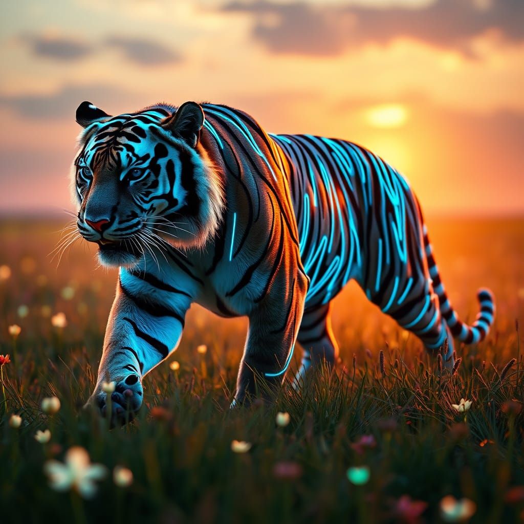 Cyber Tiger Strolls Through Neon Grass Field