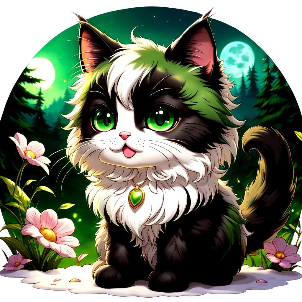 Beautiful fluffy cute happy chibi cat, intense green eyes, art by anime