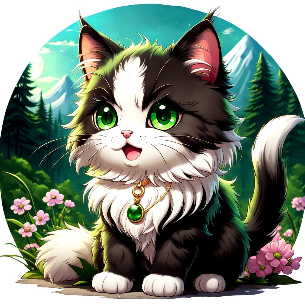 Beautiful fluffy cute happy chibi cat, intense green eyes, a...
