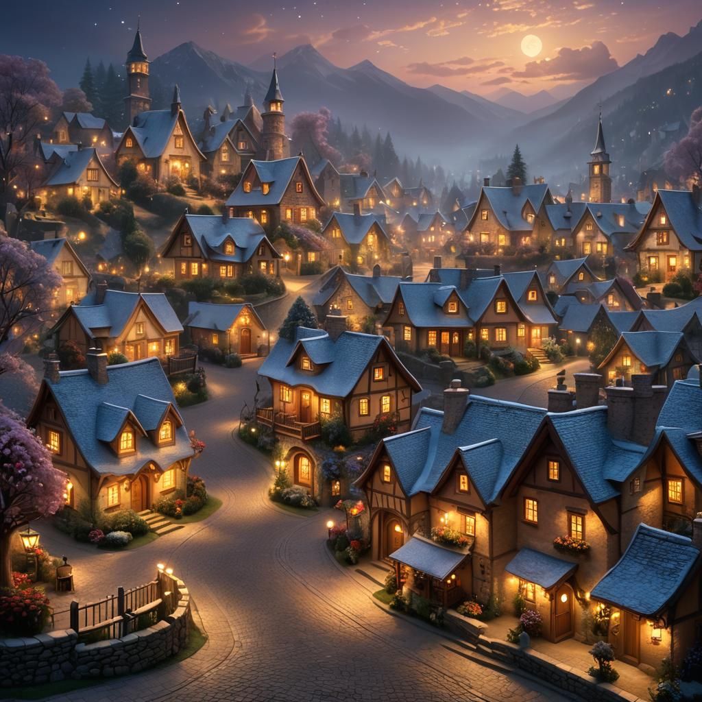 Whimsical Cottage Village Under Starry Night Sky