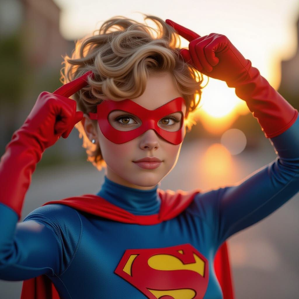 Strawberry Superheroine with Pixie Cut in Sunset Light