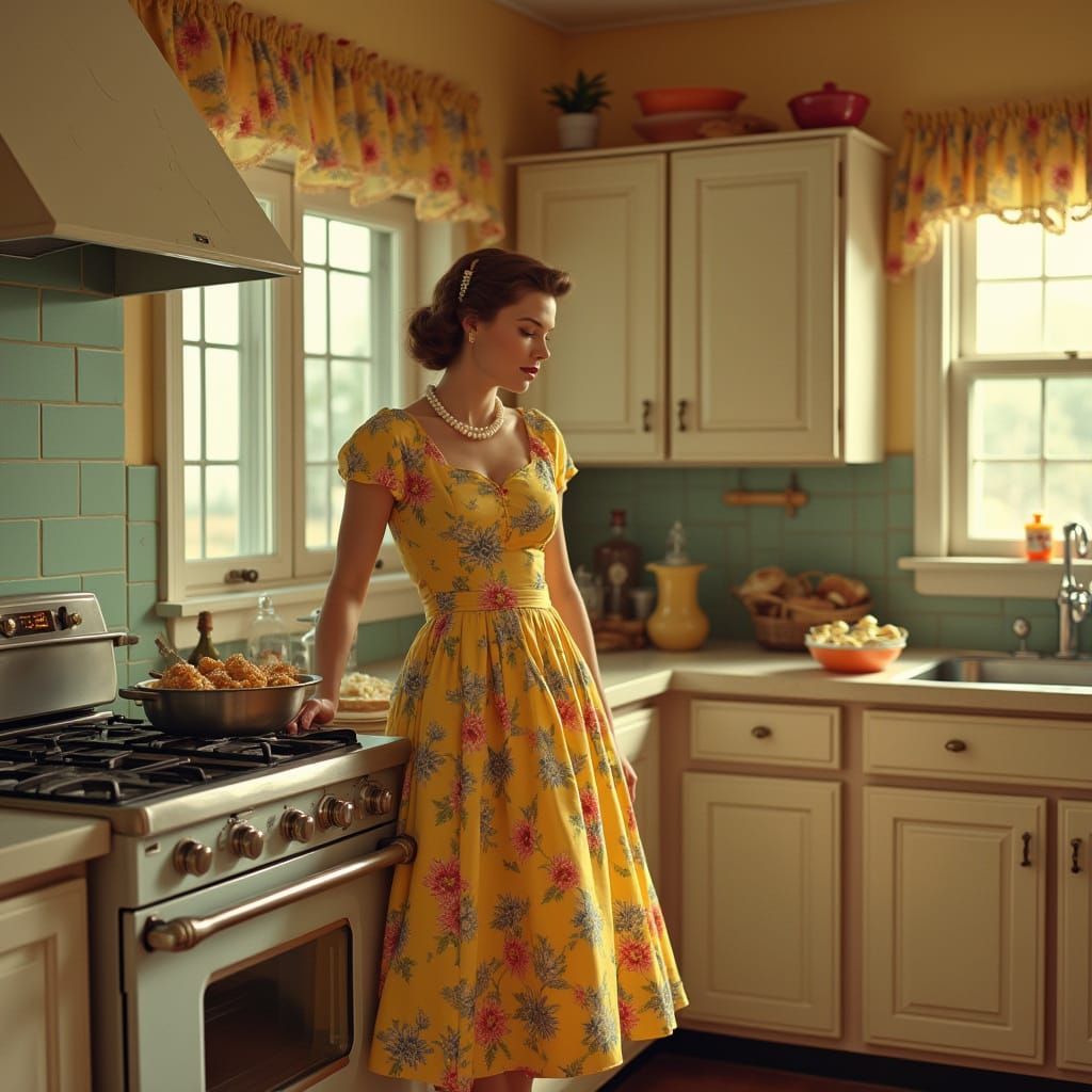 Nostalgic 1950s Homemaker in Warm Kitchen
