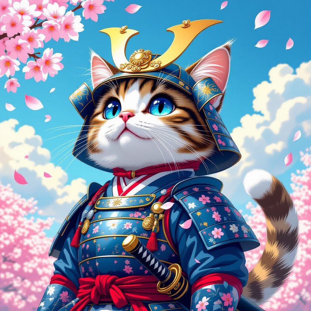 Samurai Cat with Sakura, in Anime Style