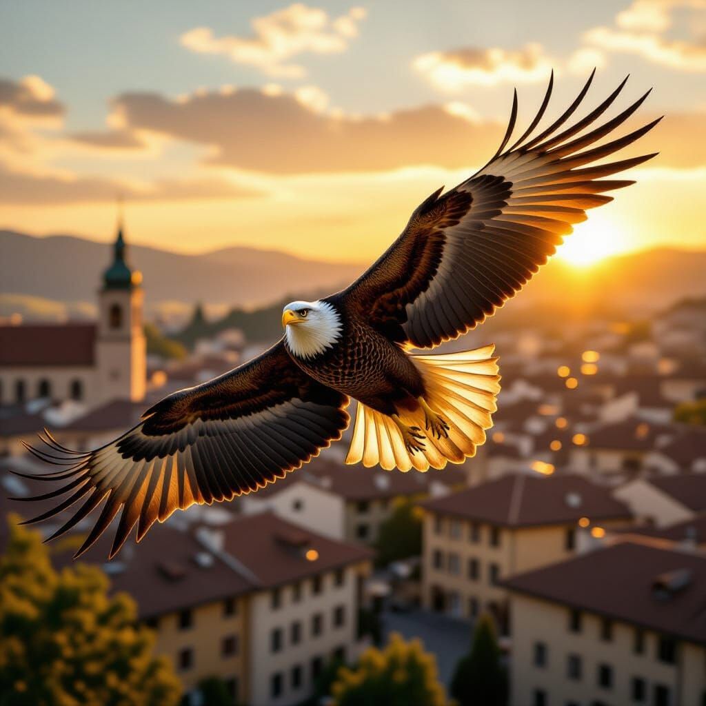Golden Eagle Soars Over European Town
