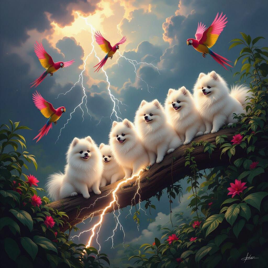 Pomeranians on Lightning Amidst Jungle Storm with Colorful P...