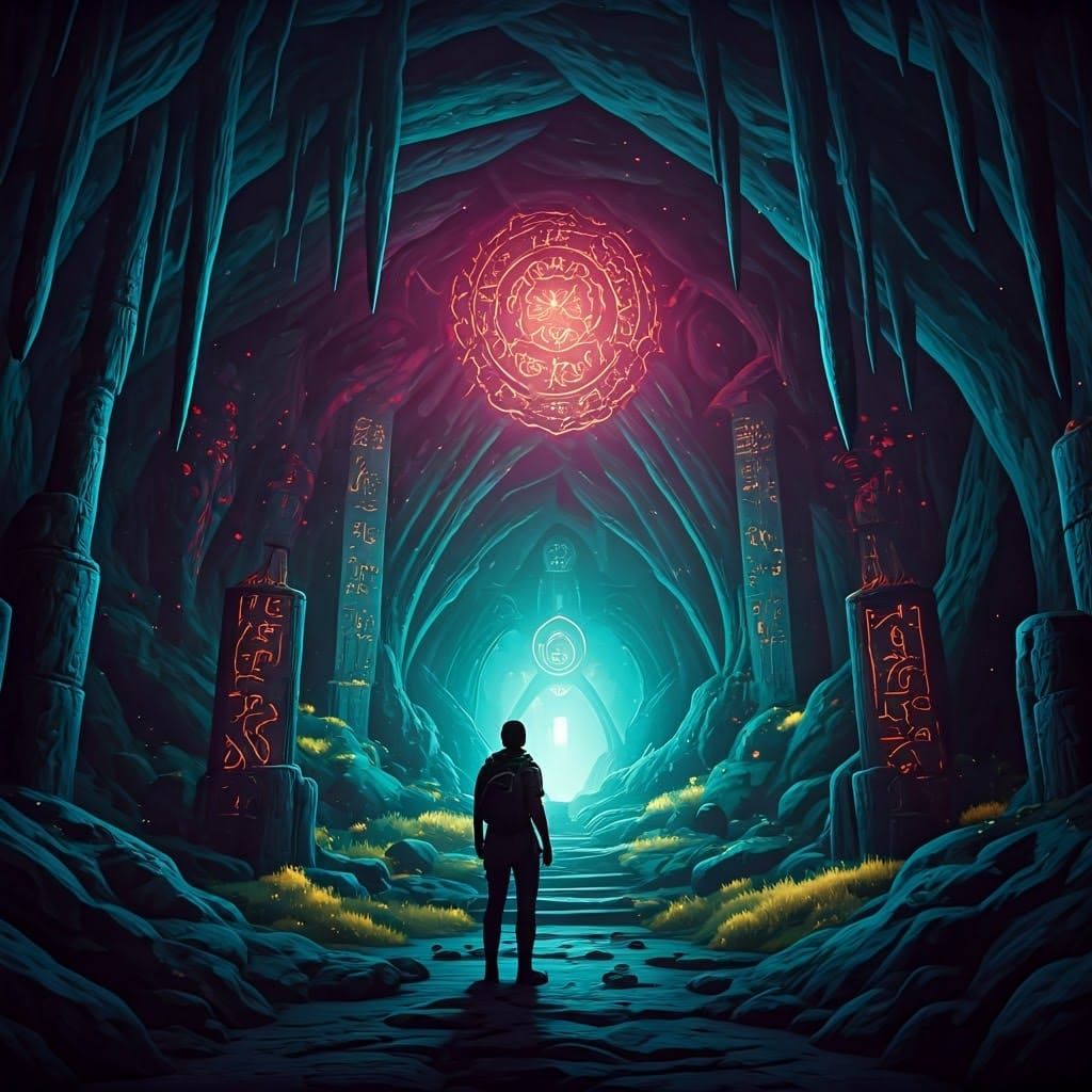 Archaeologist's Glowing Cave Discovery: A Fantasy Art Piece
