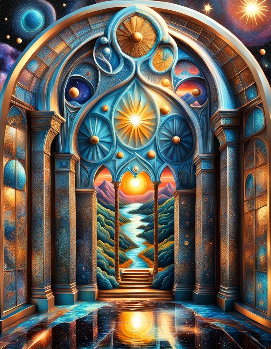 Cosmic Dreamscape Pilgrimage in Naive Art Style