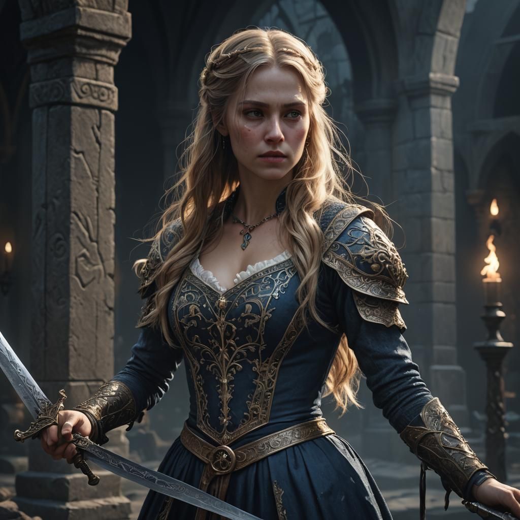 Dark Fantasy Woman with Knife in Matte Painting Style