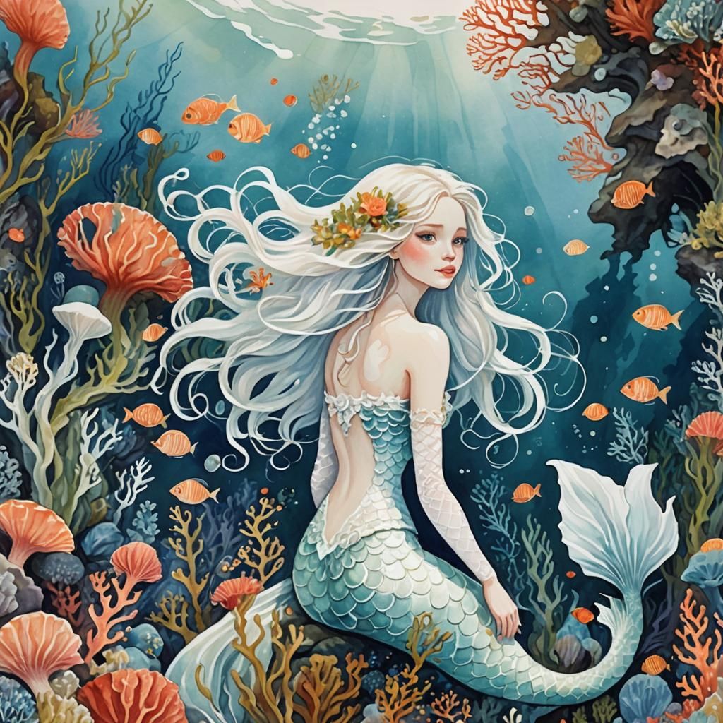 White Mermaid in a Detailed Gouache Painting