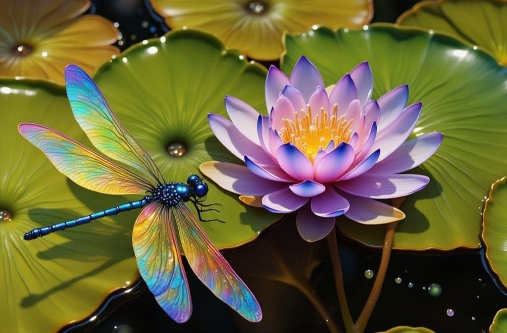 Dragonfly Amidst Blue Lotus in Fantastical Watercolor Painti...