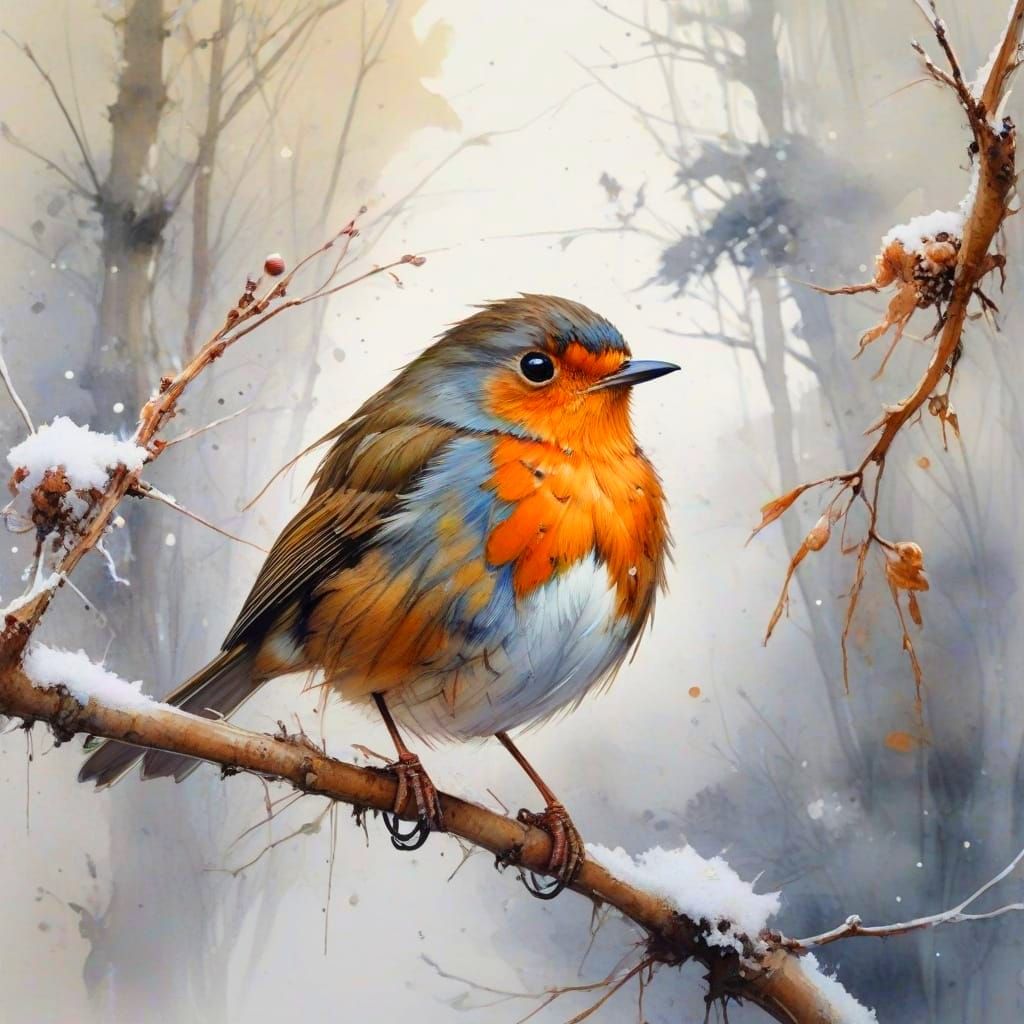 Surreal Winter Robin Perched on Branch in Watercolour Style