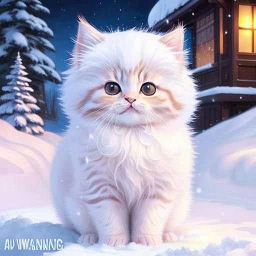 Fluffy Kitten Playing in Snow, Centered