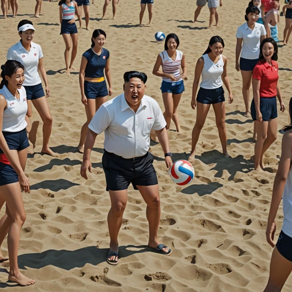 kim il un, in shorts at a beach party surrounded by 3 North Korea women having a volleyball game, photorealistic Hyper d...