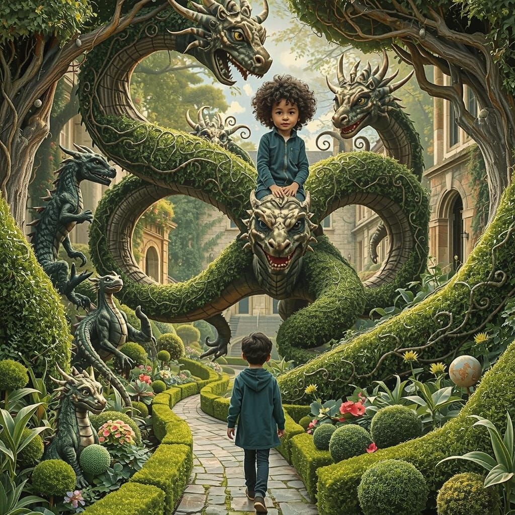 Young Boy Enters Whimsical Garden Maze in Dreamlike Landscap...