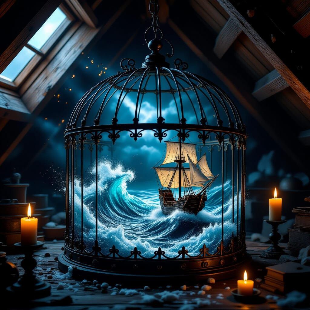 Surreal Oil Painting of a Ship in a Stormy Birdcage