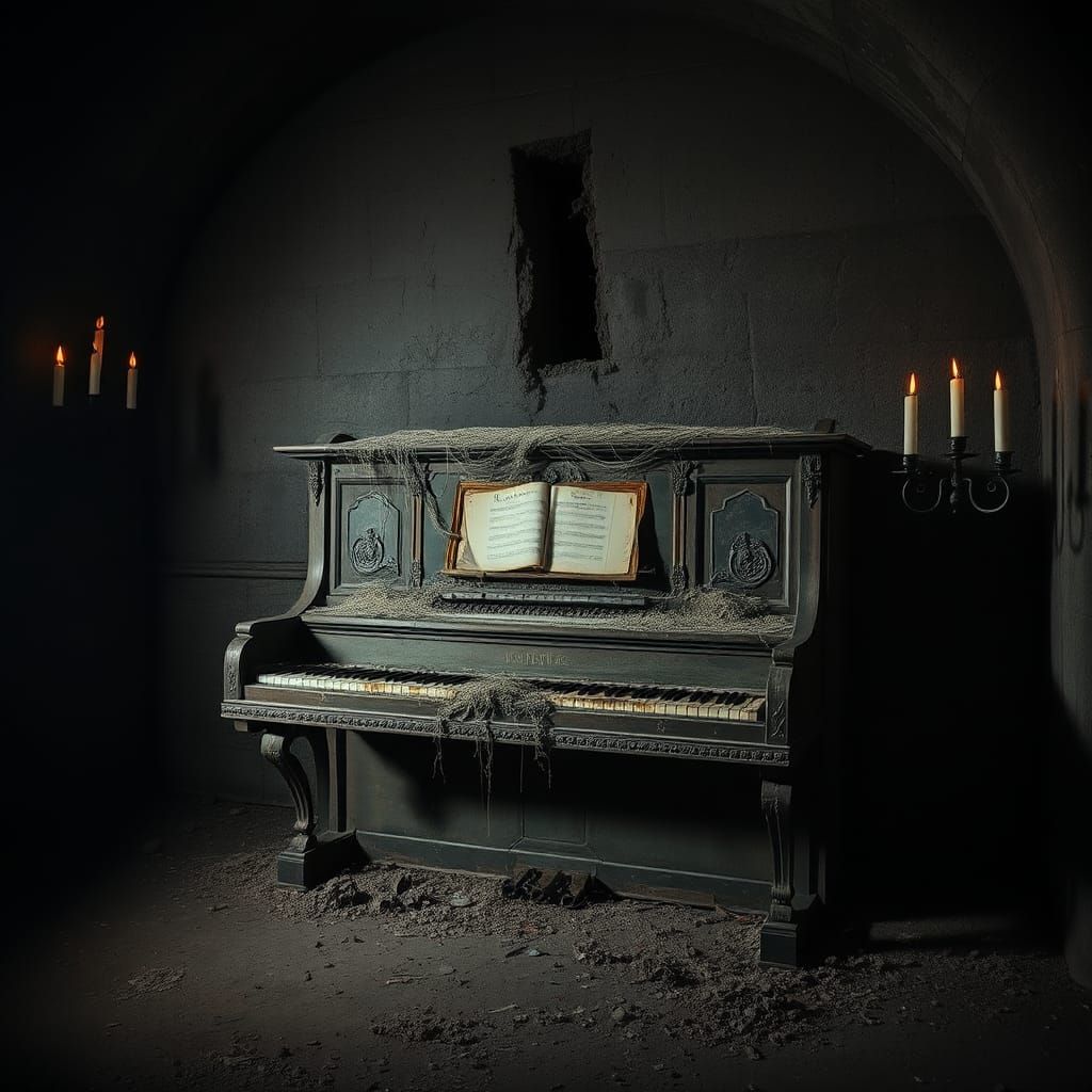 Antique Piano in Abandoned Crypt: Haunting Mystical Scene
