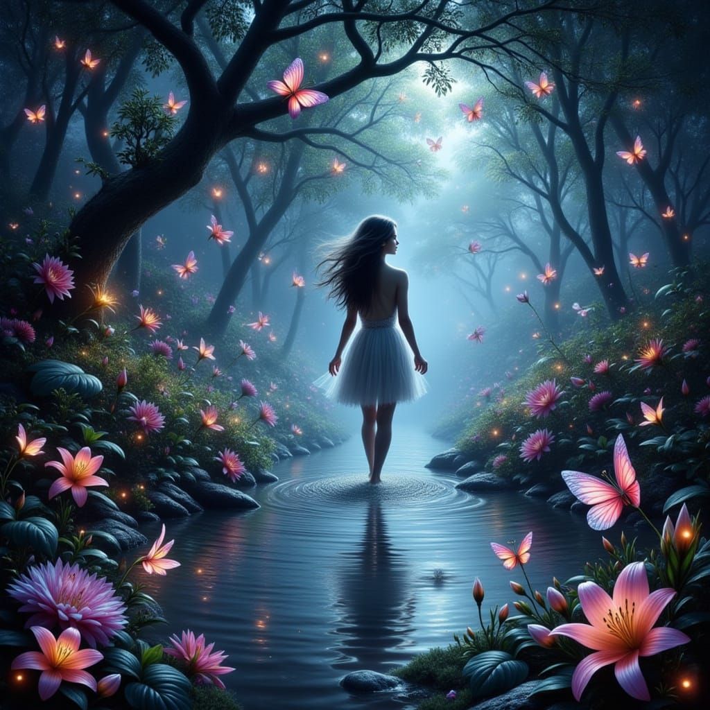 Enchanted Island Forest at Night in Surreal Style