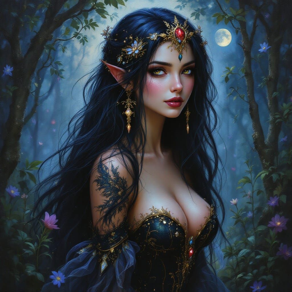 Whimsical Portrait of a Fairy Queen in Moonlit Forest