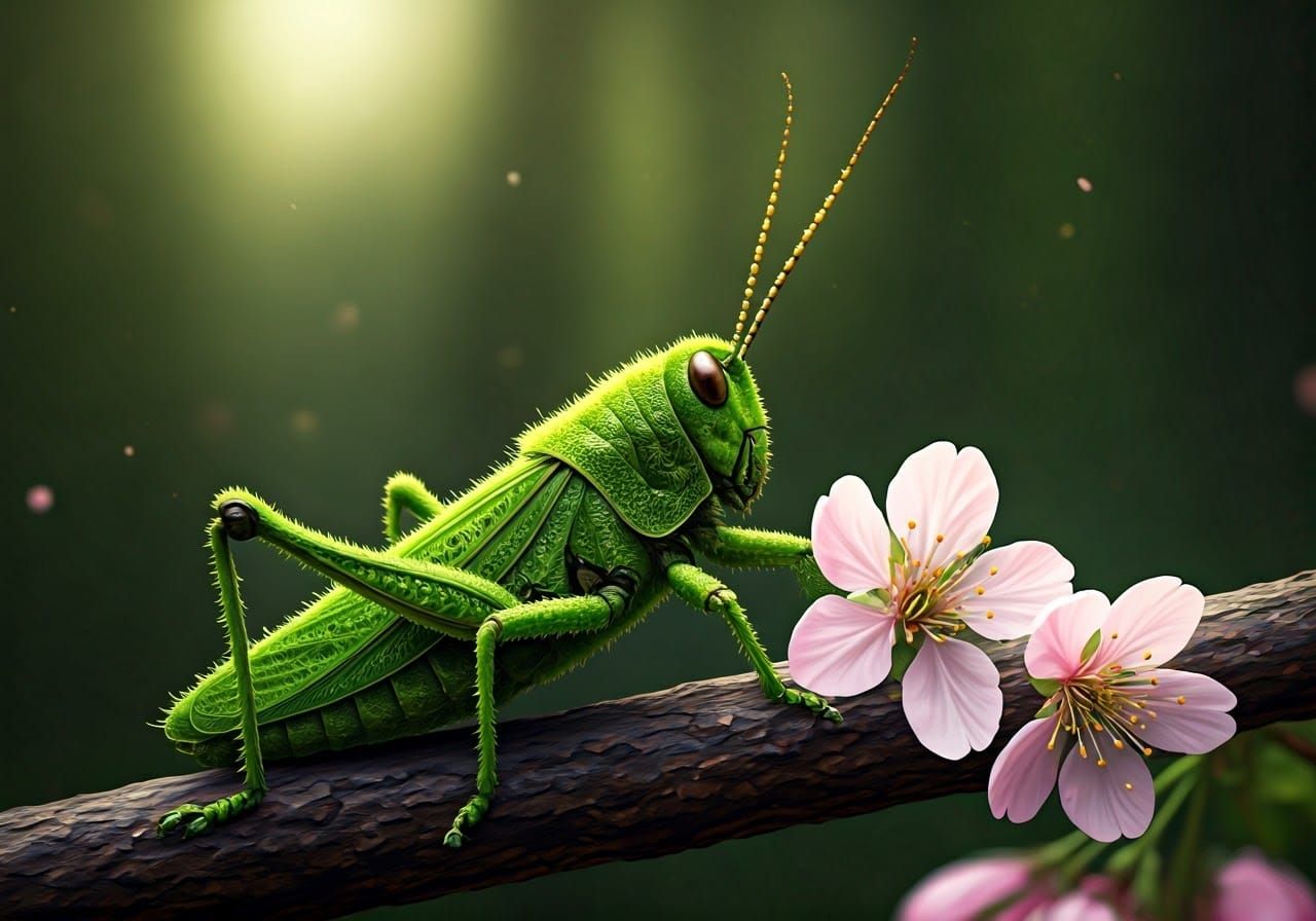 Grass Grasshopper on Cherry Blossom, Digital Painting