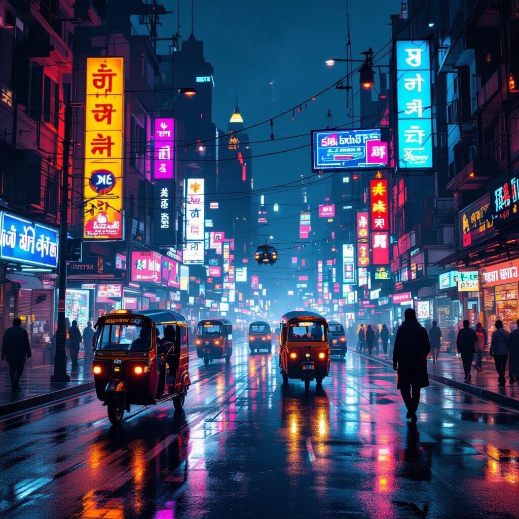 Cyberpunk Indian Street Night Scene With Neon Reflections