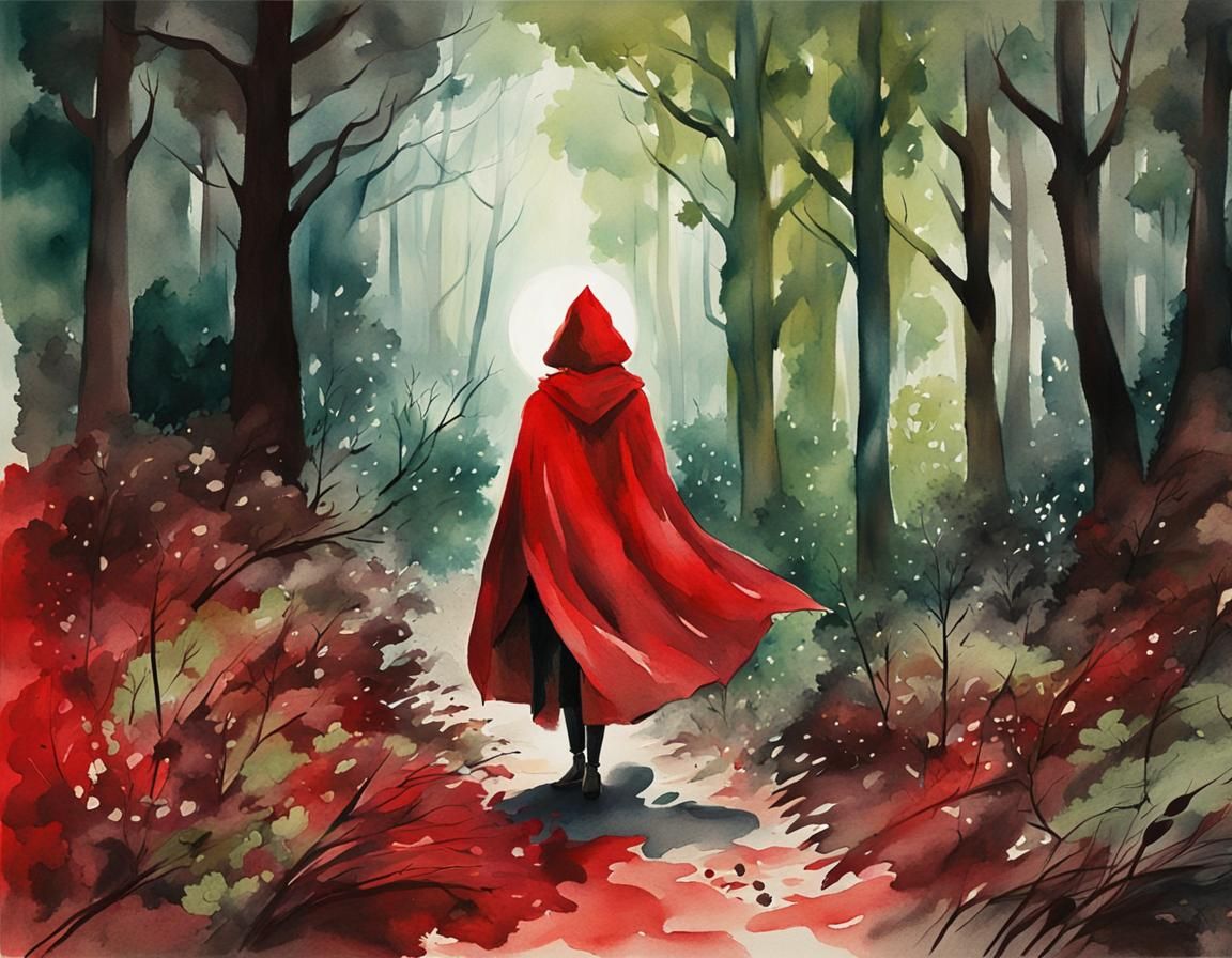 Little Red Riding Hood in Foggy Forest Watercolor