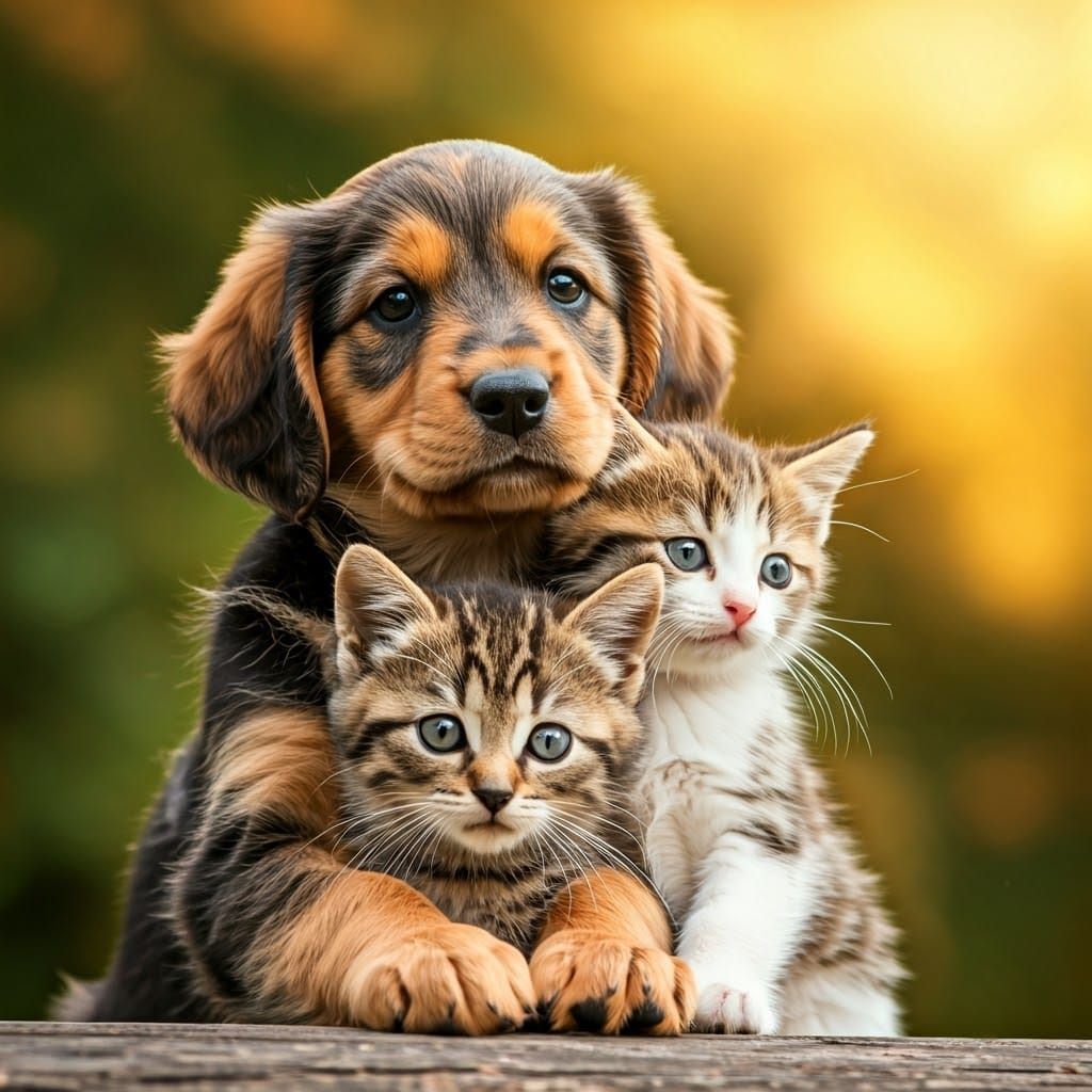 Adorable Puppy and Kitten Snuggled in Golden Light