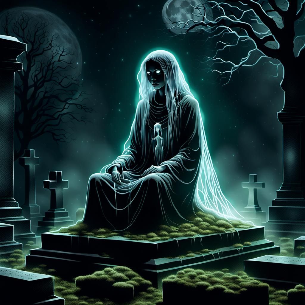 Ethereal Ghost in Graveyard: Dark Academia Illustration