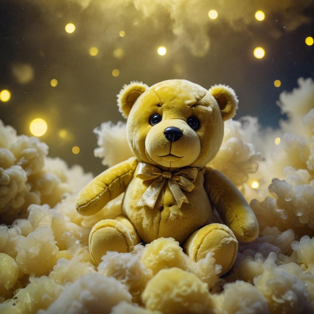 Surreal Yellow Teddy Bear Floating on Cloud